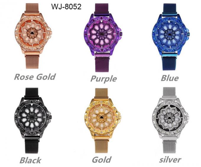 Reloj análogo del cuarzo de la nueva del estilo WJ-8656 del acero inoxidable de reloj de la banda de la aleación de la caja 5 correa magnética púrpura de los colores