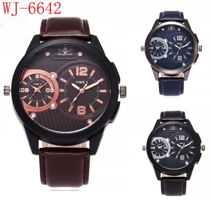 Relojes casuales simples vendedores calientes de los hombres de la fábrica del reloj de la Wal-alegría de WJ-7126 China de la cara grande de cuero de los handwatches