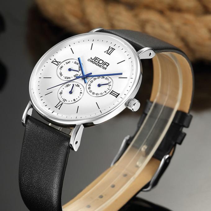WJ-7396 los relojes de los hombres de la marca de las ventas al por mayor JEDIR diseñan lo más tarde posible los relojes autos del cuero del día de la fecha de Handwatches del cuarzo 3ATM