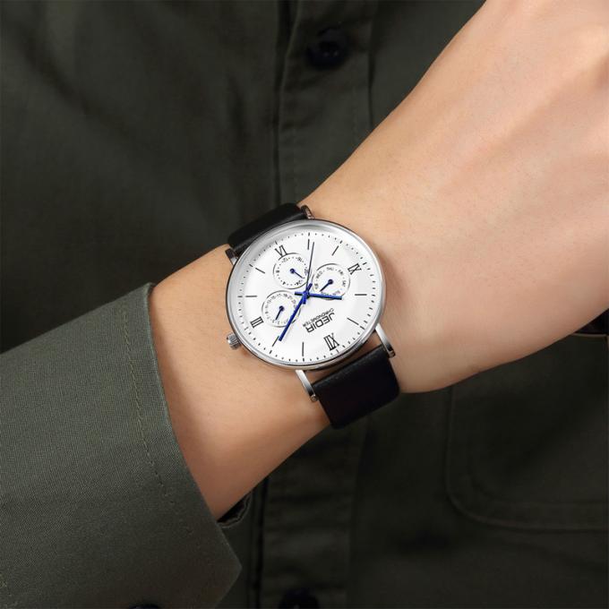 WJ-7396 los relojes de los hombres de la marca de las ventas al por mayor JEDIR diseñan lo más tarde posible los relojes autos del cuero del día de la fecha de Handwatches del cuarzo 3ATM